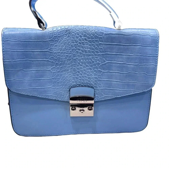 Iman Global Chic Satchel /Crossbody Light Blue Flower Garden Gold Hardware NWOT - Picture 1 of 16